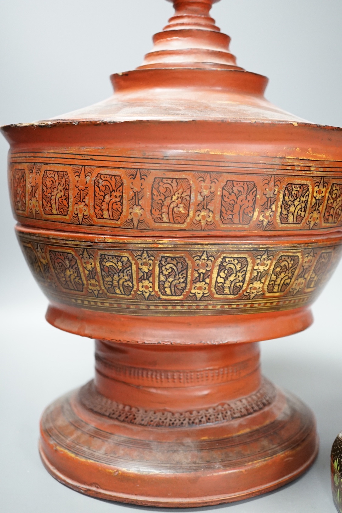 A Burmese lacquer box and cover, and a Persian lacquer box, tallest 41cm